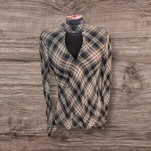 Veronica Beard Plaid Keyhole Blouse Top High Neck Tie Gold Metallic Size 2